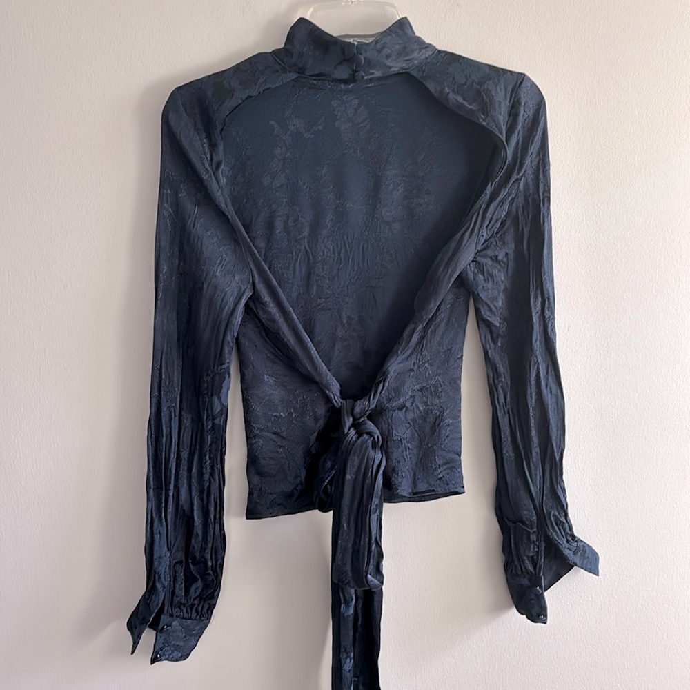 LPA high neck long sleeve open back top with oversized sash tie